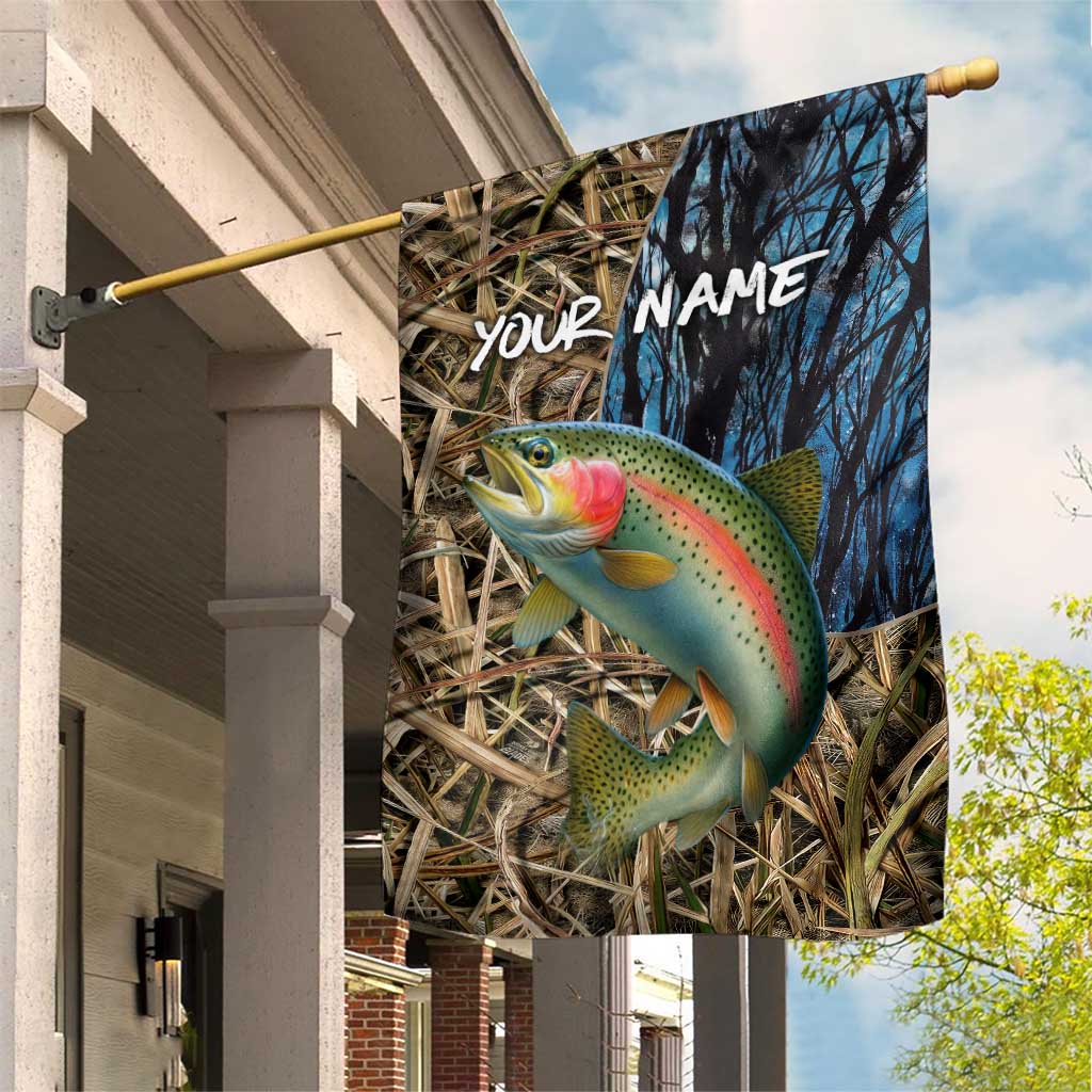 Rainbow Trout Fishing Garden Flag with Camouflage Reeds and Forest Background in Nature-Inspired Colors - Wonder Print Shop