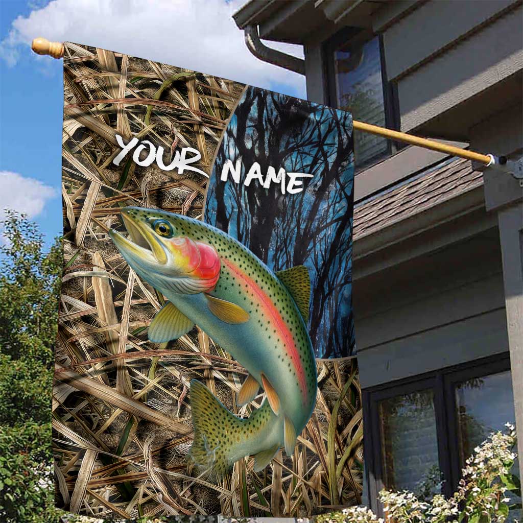 Rainbow Trout Fishing Garden Flag with Camouflage Reeds and Forest Background in Nature-Inspired Colors - Wonder Print Shop