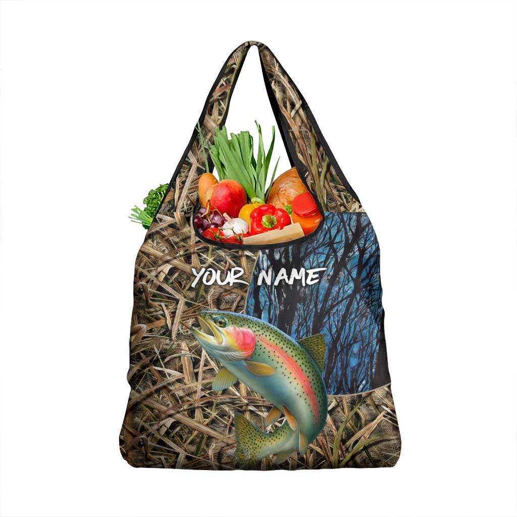 Rainbow Trout Fishing Grocery Bag with Camouflage Reeds and Forest Background in Nature-Inspired Colors - Wonder Print Shop