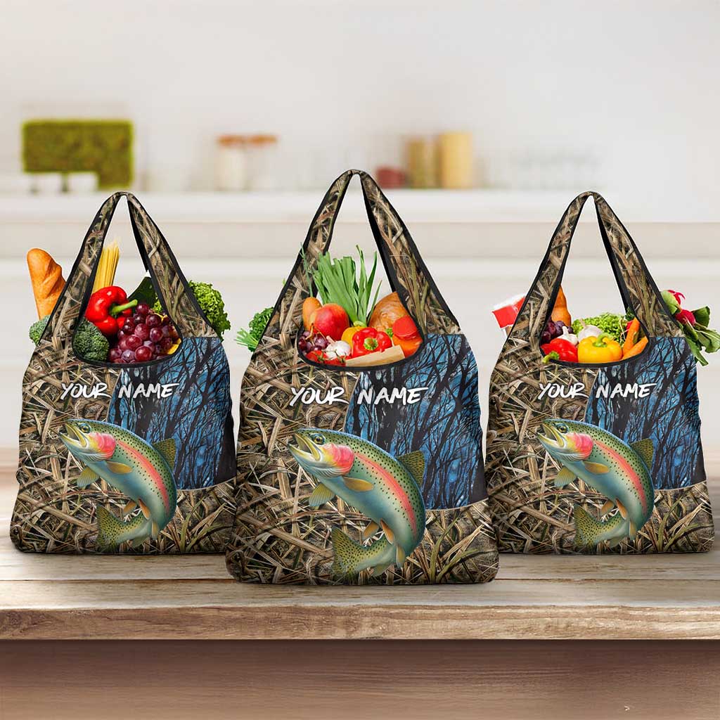 Rainbow Trout Fishing Grocery Bag with Camouflage Reeds and Forest Background in Nature-Inspired Colors - Wonder Print Shop