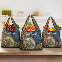 Rainbow Trout Fishing Grocery Bag with Camouflage Reeds and Forest Background in Nature-Inspired Colors - Wonder Print Shop