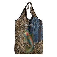 Rainbow Trout Fishing Grocery Bag with Camouflage Reeds and Forest Background in Nature-Inspired Colors - Wonder Print Shop
