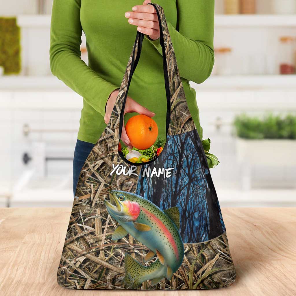 Rainbow Trout Fishing Grocery Bag with Camouflage Reeds and Forest Background in Nature-Inspired Colors - Wonder Print Shop