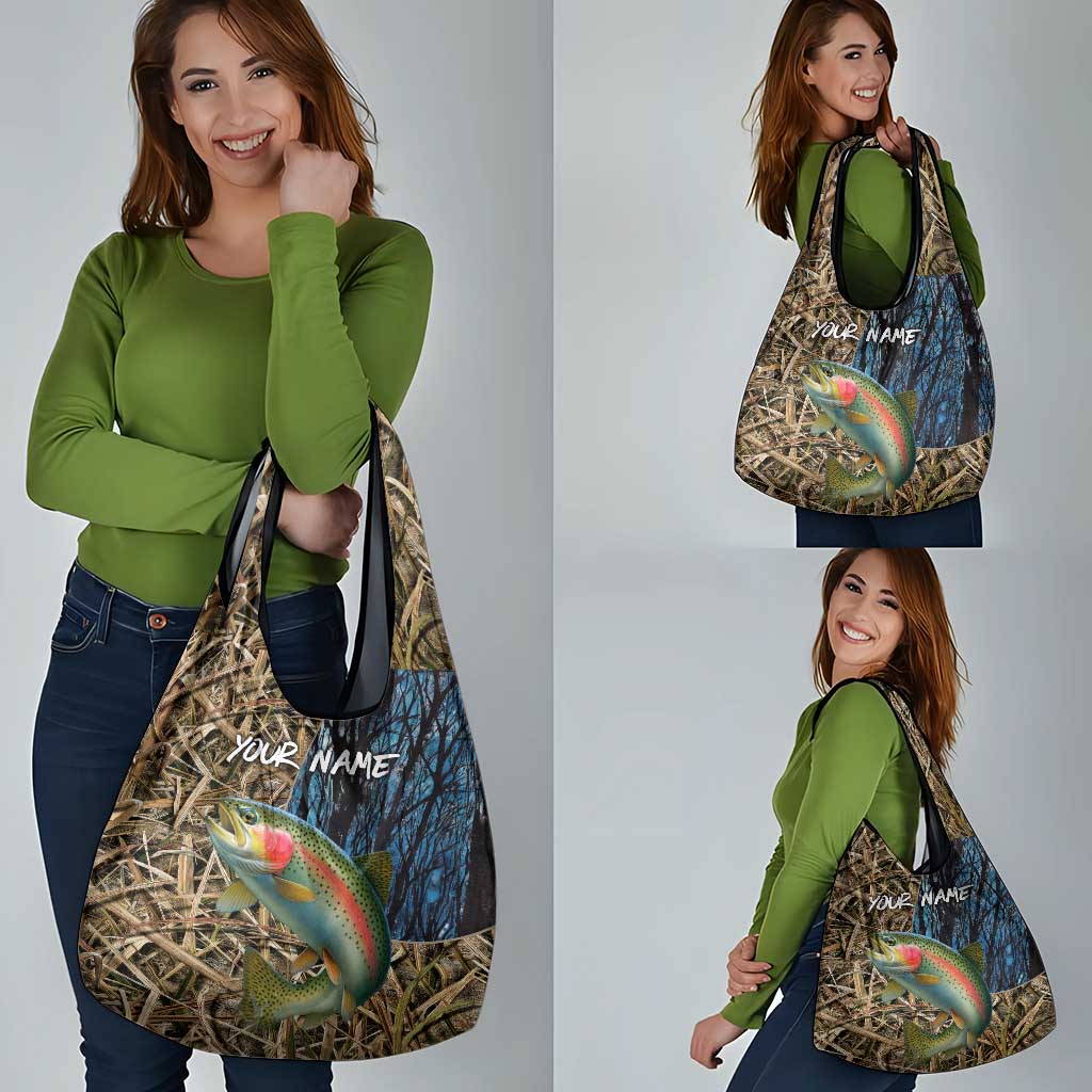Rainbow Trout Fishing Grocery Bag with Camouflage Reeds and Forest Background in Nature-Inspired Colors - Wonder Print Shop