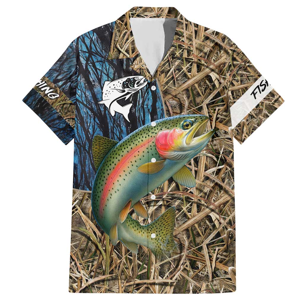 Rainbow Trout Fishing Hawaiian Shirt with Camouflage Reeds and Forest Background in Nature-Inspired Colors - Wonder Print Shop