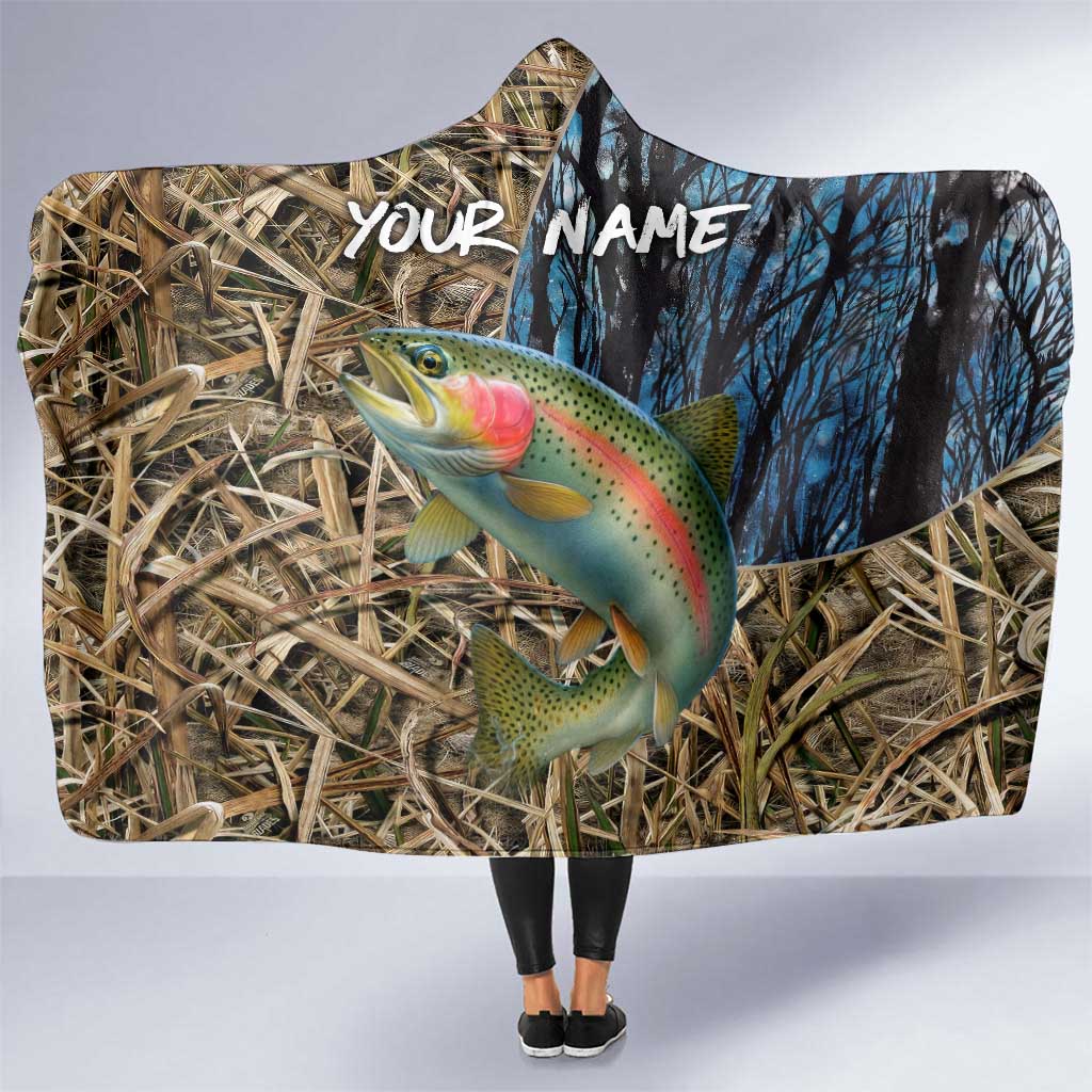Rainbow Trout Fishing Hooded Blanket with Camouflage Reeds and Forest Background in Nature-Inspired Colors - Wonder Print Shop