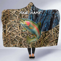 Rainbow Trout Fishing Hooded Blanket with Camouflage Reeds and Forest Background in Nature-Inspired Colors - Wonder Print Shop
