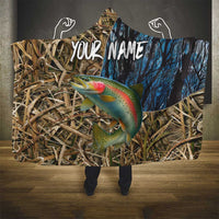 Rainbow Trout Fishing Hooded Blanket with Camouflage Reeds and Forest Background in Nature-Inspired Colors - Wonder Print Shop
