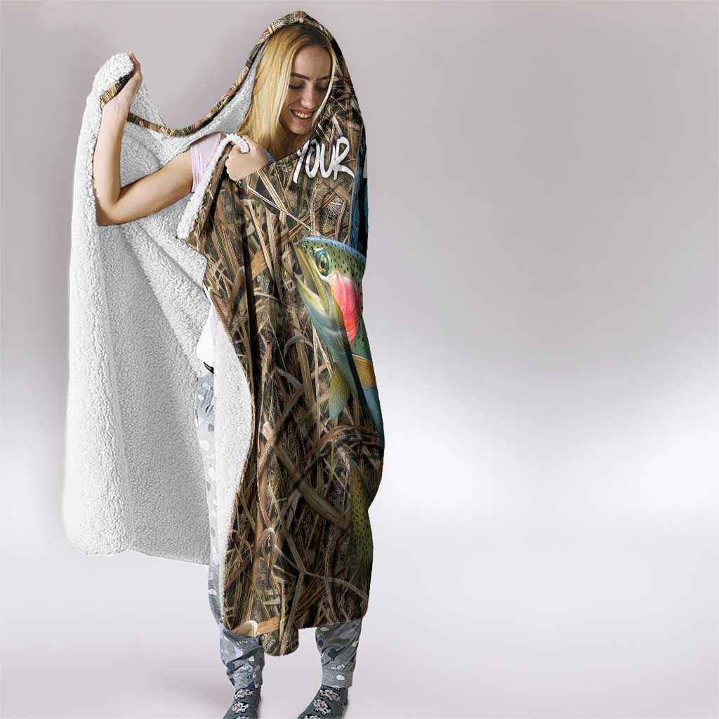 Rainbow Trout Fishing Hooded Blanket with Camouflage Reeds and Forest Background in Nature-Inspired Colors - Wonder Print Shop