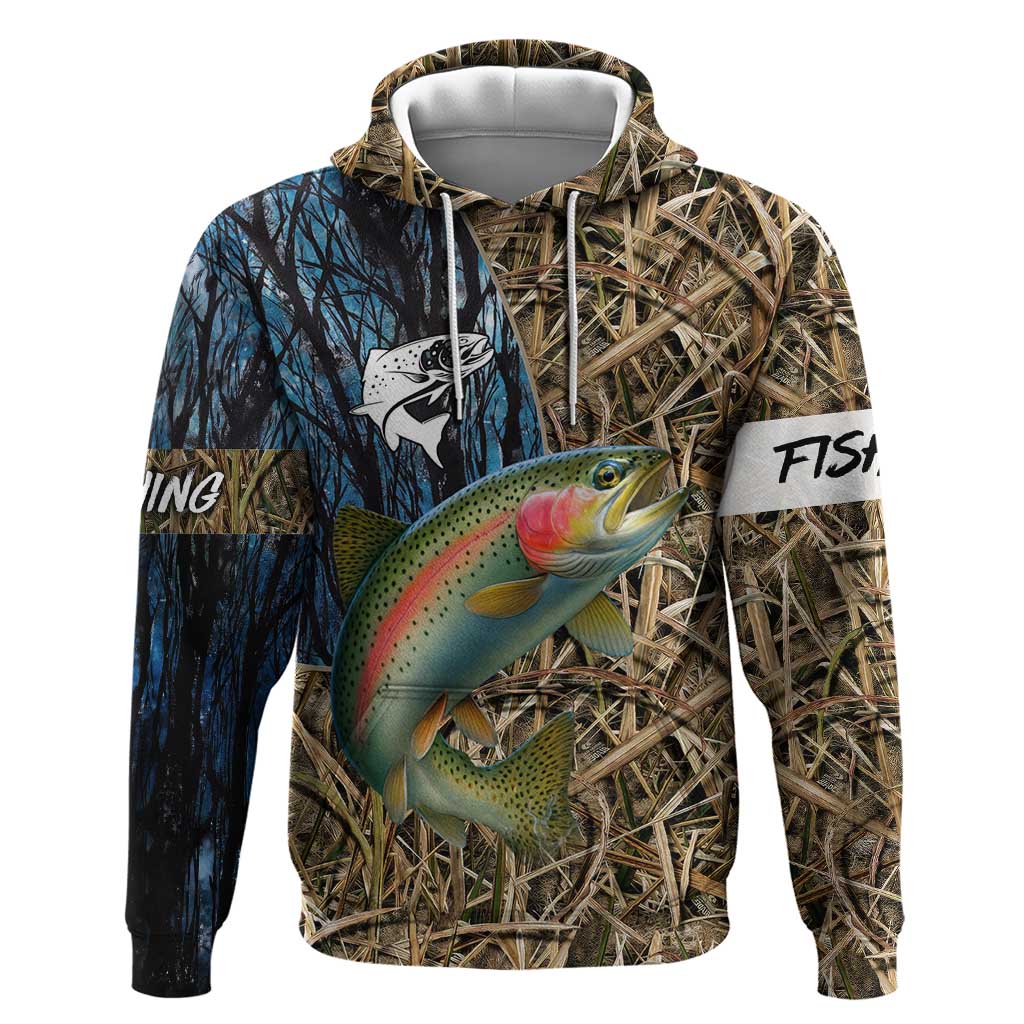 Rainbow Trout Fishing Hoodie with Camouflage Reeds and Forest Background in Nature-Inspired Colors - Wonder Print Shop