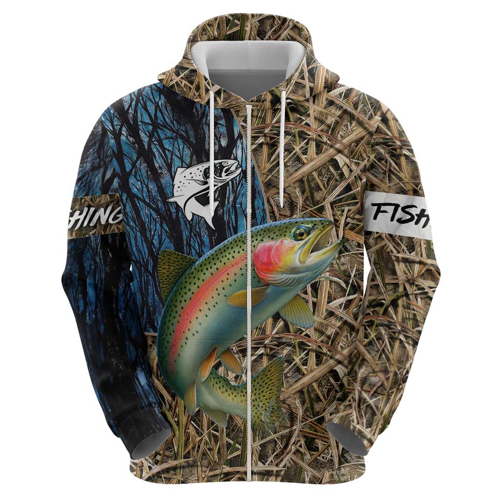 Rainbow Trout Fishing Hoodie with Camouflage Reeds and Forest Background in Nature-Inspired Colors - Wonder Print Shop