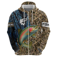 Rainbow Trout Fishing Hoodie with Camouflage Reeds and Forest Background in Nature-Inspired Colors - Wonder Print Shop