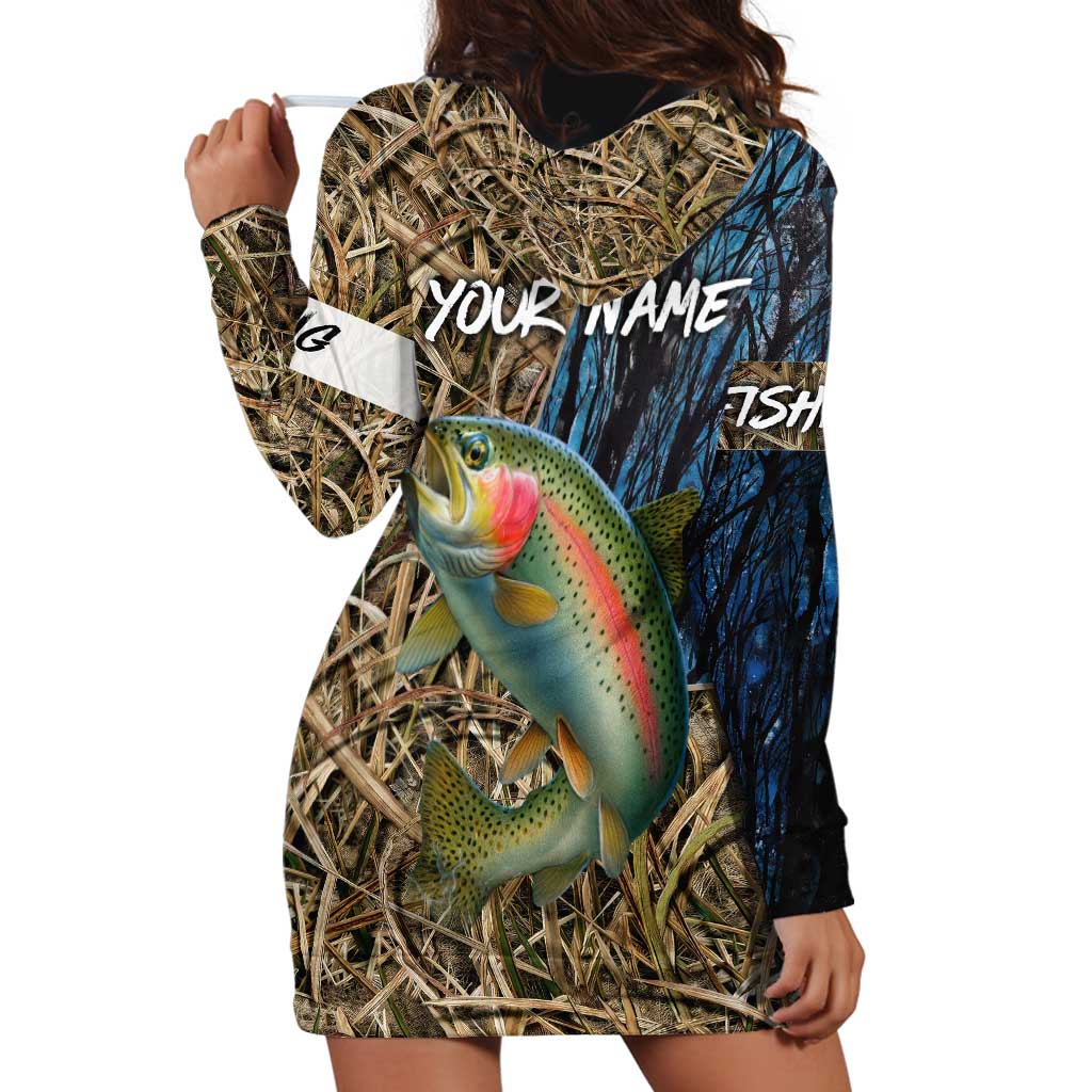Rainbow Trout Fishing Hoodie Dress with Camouflage Reeds and Forest Background in Nature-Inspired Colors - Wonder Print Shop