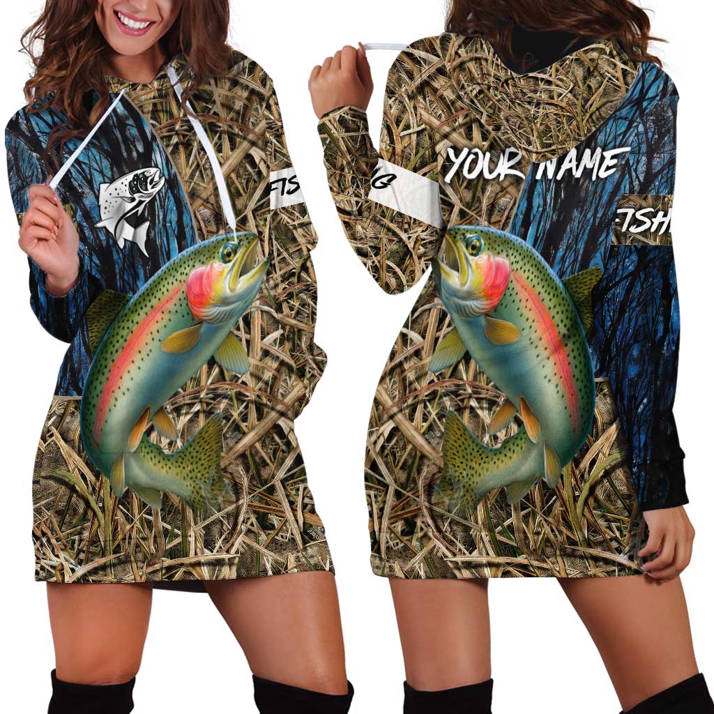 Rainbow Trout Fishing Hoodie Dress with Camouflage Reeds and Forest Background in Nature-Inspired Colors - Wonder Print Shop