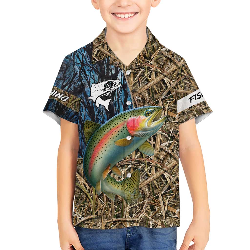 Rainbow Trout Fishing Kid Hawaiian Shirt with Camouflage Reeds and Forest Background in Nature-Inspired Colors - Wonder Print Shop