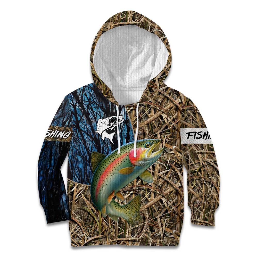 Rainbow Trout Fishing Kid Hoodie with Camouflage Reeds and Forest Background in Nature-Inspired Colors - Wonder Print Shop
