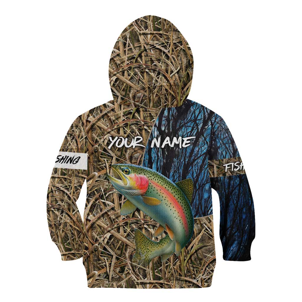Rainbow Trout Fishing Kid Hoodie with Camouflage Reeds and Forest Background in Nature-Inspired Colors - Wonder Print Shop