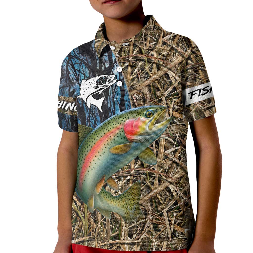 Rainbow Trout Fishing Kid Polo Shirt with Camouflage Reeds and Forest Background in Nature-Inspired Colors - Wonder Print Shop