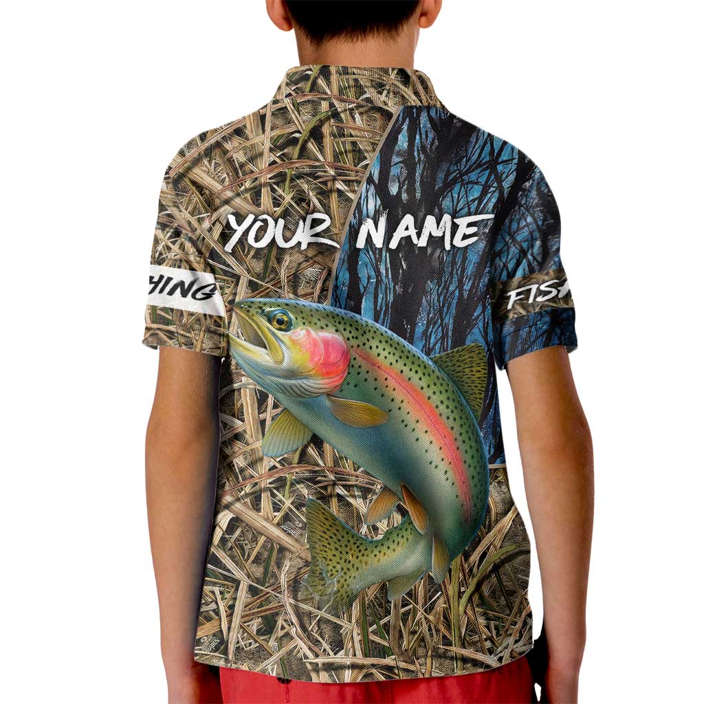 Rainbow Trout Fishing Kid Polo Shirt with Camouflage Reeds and Forest Background in Nature-Inspired Colors - Wonder Print Shop