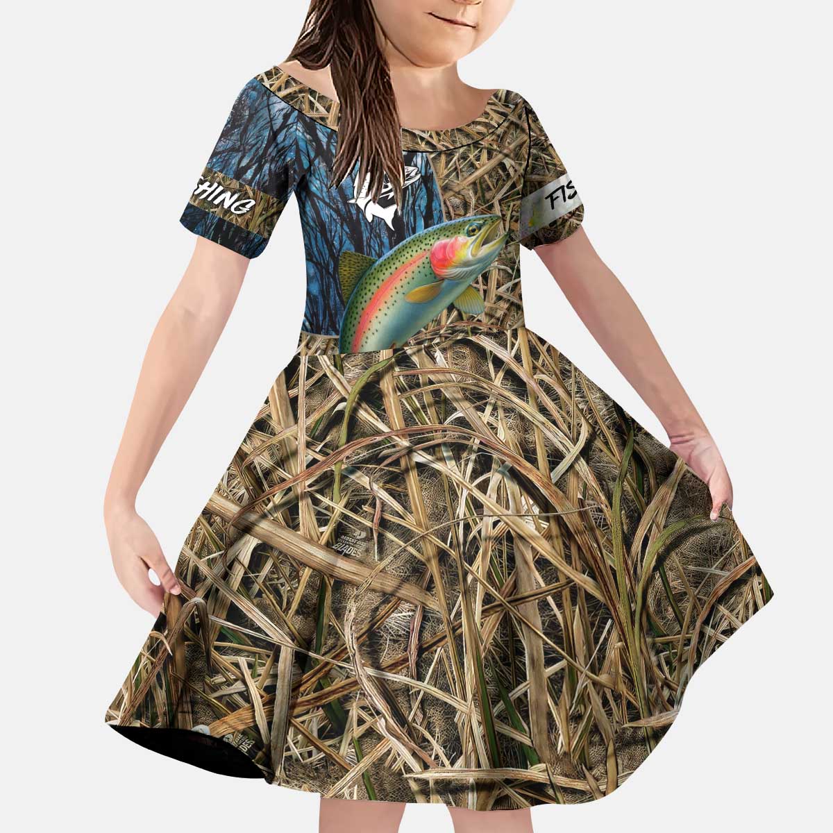 Rainbow Trout Fishing Kid Short Sleeve Dress with Camouflage Reeds and Forest Background in Nature-Inspired Colors - Wonder Print Shop