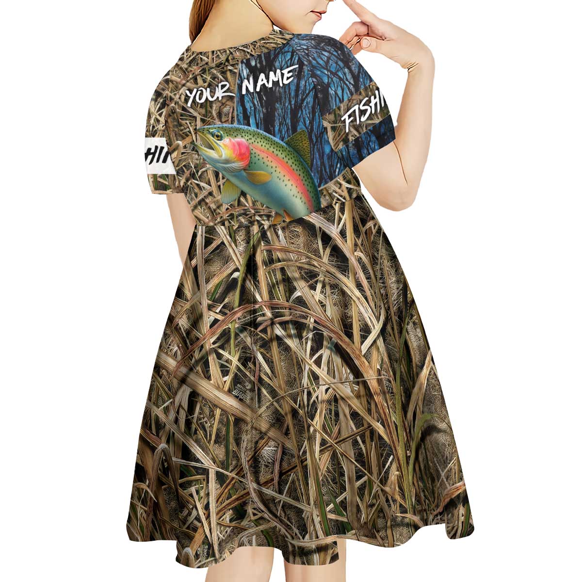 Rainbow Trout Fishing Kid Short Sleeve Dress with Camouflage Reeds and Forest Background in Nature-Inspired Colors - Wonder Print Shop