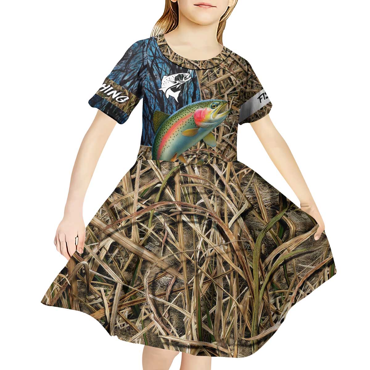 Rainbow Trout Fishing Kid Short Sleeve Dress with Camouflage Reeds and Forest Background in Nature-Inspired Colors - Wonder Print Shop