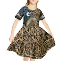Rainbow Trout Fishing Kid Short Sleeve Dress with Camouflage Reeds and Forest Background in Nature-Inspired Colors - Wonder Print Shop