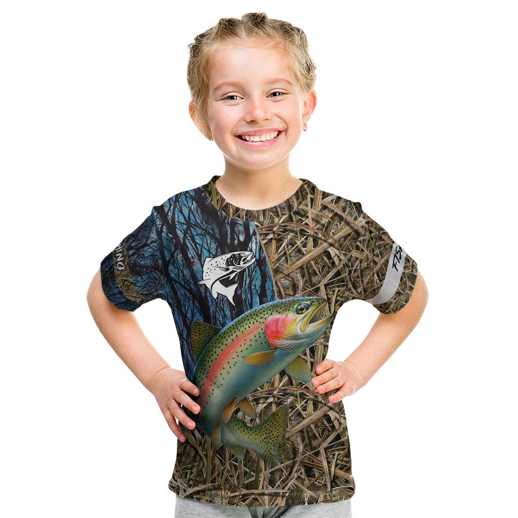 Rainbow Trout Fishing Kid T Shirt with Camouflage Reeds and Forest Background in Nature-Inspired Colors - Wonder Print Shop