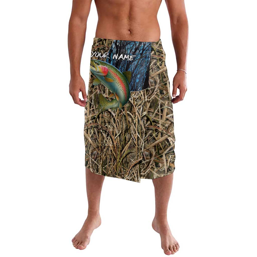 Rainbow Trout Fishing Lavalava with Camouflage Reeds and Forest Background in Nature-Inspired Colors - Wonder Print Shop