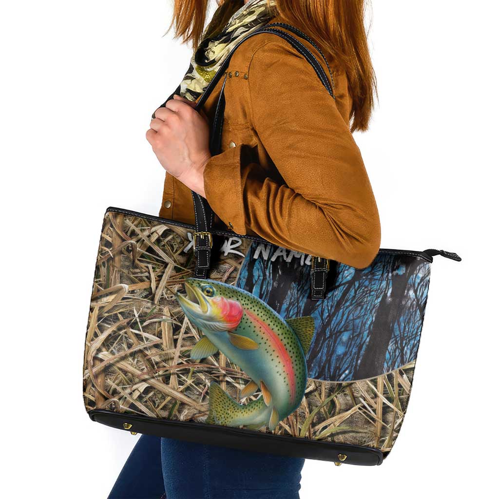 Rainbow Trout Fishing Leather Tote Bag with Camouflage Reeds and Forest Background in Nature-Inspired Colors - Wonder Print Shop