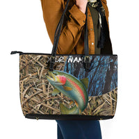 Rainbow Trout Fishing Leather Tote Bag with Camouflage Reeds and Forest Background in Nature-Inspired Colors - Wonder Print Shop