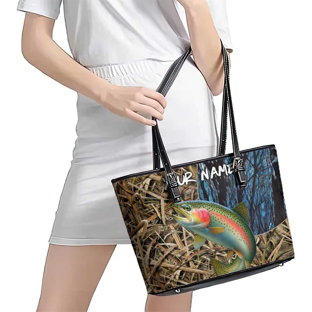 Rainbow Trout Fishing Leather Tote Bag with Camouflage Reeds and Forest Background in Nature-Inspired Colors - Wonder Print Shop