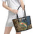 Rainbow Trout Fishing Leather Tote Bag with Camouflage Reeds and Forest Background in Nature-Inspired Colors - Wonder Print Shop