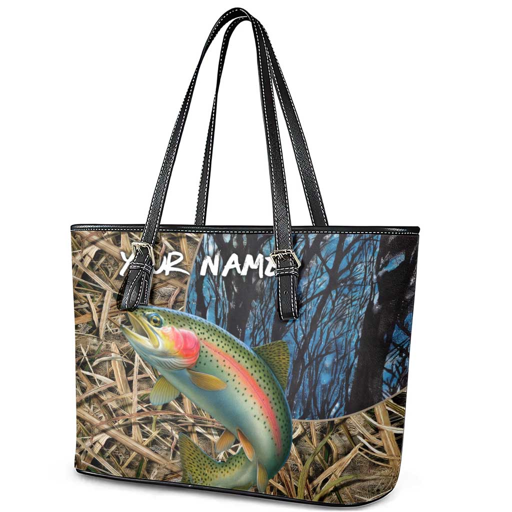 Rainbow Trout Fishing Leather Tote Bag with Camouflage Reeds and Forest Background in Nature-Inspired Colors - Wonder Print Shop
