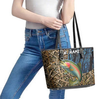 Rainbow Trout Fishing Leather Tote Bag with Camouflage Reeds and Forest Background in Nature-Inspired Colors - Wonder Print Shop