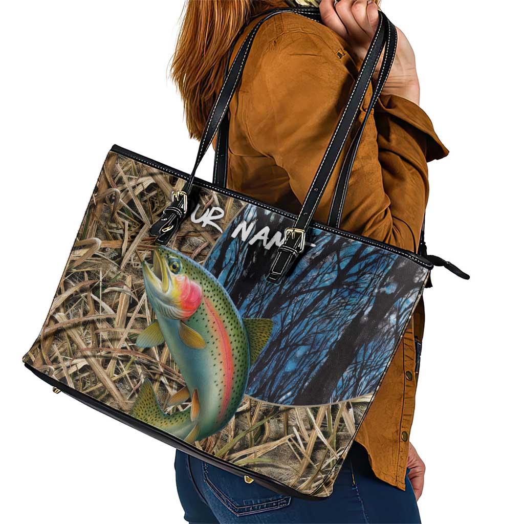 Rainbow Trout Fishing Leather Tote Bag with Camouflage Reeds and Forest Background in Nature-Inspired Colors - Wonder Print Shop