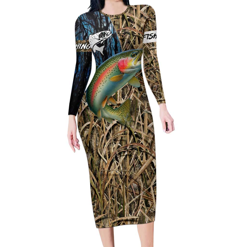 Rainbow Trout Fishing Long Sleeve Bodycon Dress with Camouflage Reeds and Forest Background in Nature-Inspired Colors - Wonder Print Shop