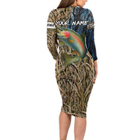 Rainbow Trout Fishing Long Sleeve Bodycon Dress with Camouflage Reeds and Forest Background in Nature-Inspired Colors - Wonder Print Shop