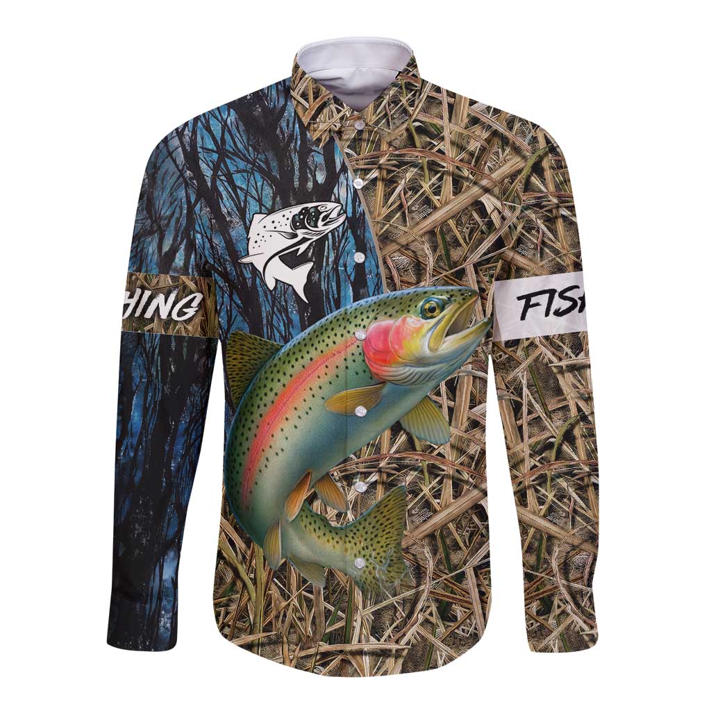 Rainbow Trout Fishing Long Sleeve Button Shirt with Camouflage Reeds and Forest Background in Nature-Inspired Colors - Wonder Print Shop