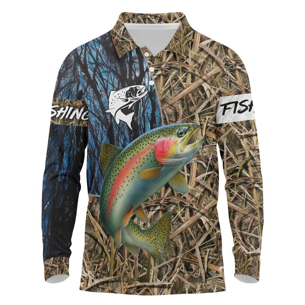 Rainbow Trout Fishing Long Sleeve Polo Shirt with Camouflage Reeds and Forest Background in Nature-Inspired Colors - Wonder Print Shop