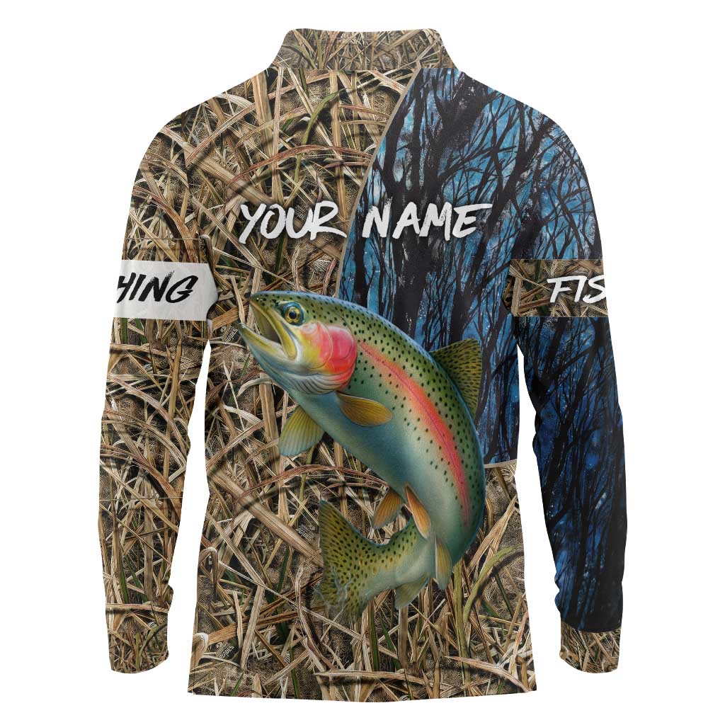 Rainbow Trout Fishing Long Sleeve Polo Shirt with Camouflage Reeds and Forest Background in Nature-Inspired Colors - Wonder Print Shop