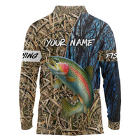 Rainbow Trout Fishing Long Sleeve Polo Shirt with Camouflage Reeds and Forest Background in Nature-Inspired Colors - Wonder Print Shop
