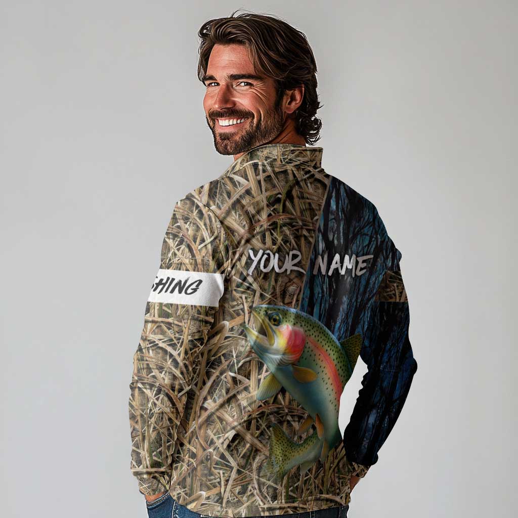 Rainbow Trout Fishing Long Sleeve Polo Shirt with Camouflage Reeds and Forest Background in Nature-Inspired Colors - Wonder Print Shop