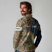 Rainbow Trout Fishing Long Sleeve Polo Shirt with Camouflage Reeds and Forest Background in Nature-Inspired Colors - Wonder Print Shop