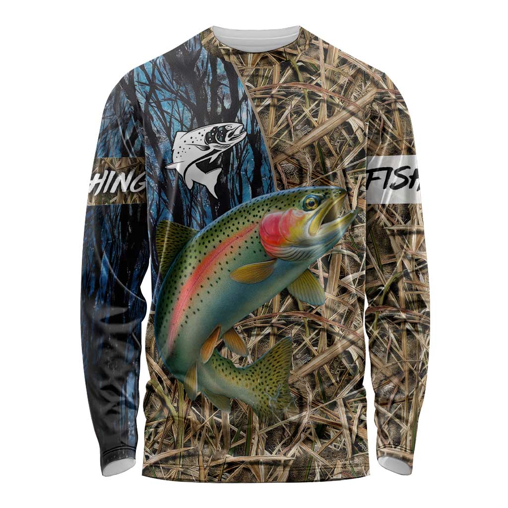 Rainbow Trout Fishing Long Sleeve Shirt with Camouflage Reeds and Forest Background in Nature-Inspired Colors - Wonder Print Shop
