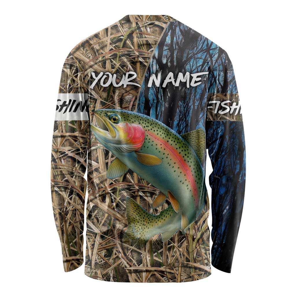 Rainbow Trout Fishing Long Sleeve Shirt with Camouflage Reeds and Forest Background in Nature-Inspired Colors - Wonder Print Shop