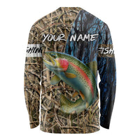 Rainbow Trout Fishing Long Sleeve Shirt with Camouflage Reeds and Forest Background in Nature-Inspired Colors - Wonder Print Shop