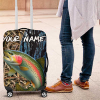 Rainbow Trout Fishing Luggage Cover with Camouflage Reeds and Forest Background in Nature-Inspired Colors - Wonder Print Shop