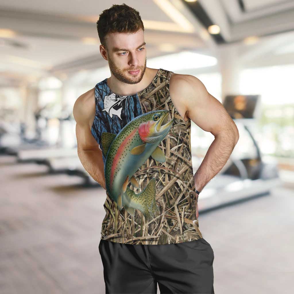 Rainbow Trout Fishing Men Tank Top with Camouflage Reeds and Forest Background in Nature-Inspired Colors - Wonder Print Shop