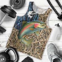 Rainbow Trout Fishing Men Tank Top with Camouflage Reeds and Forest Background in Nature-Inspired Colors - Wonder Print Shop